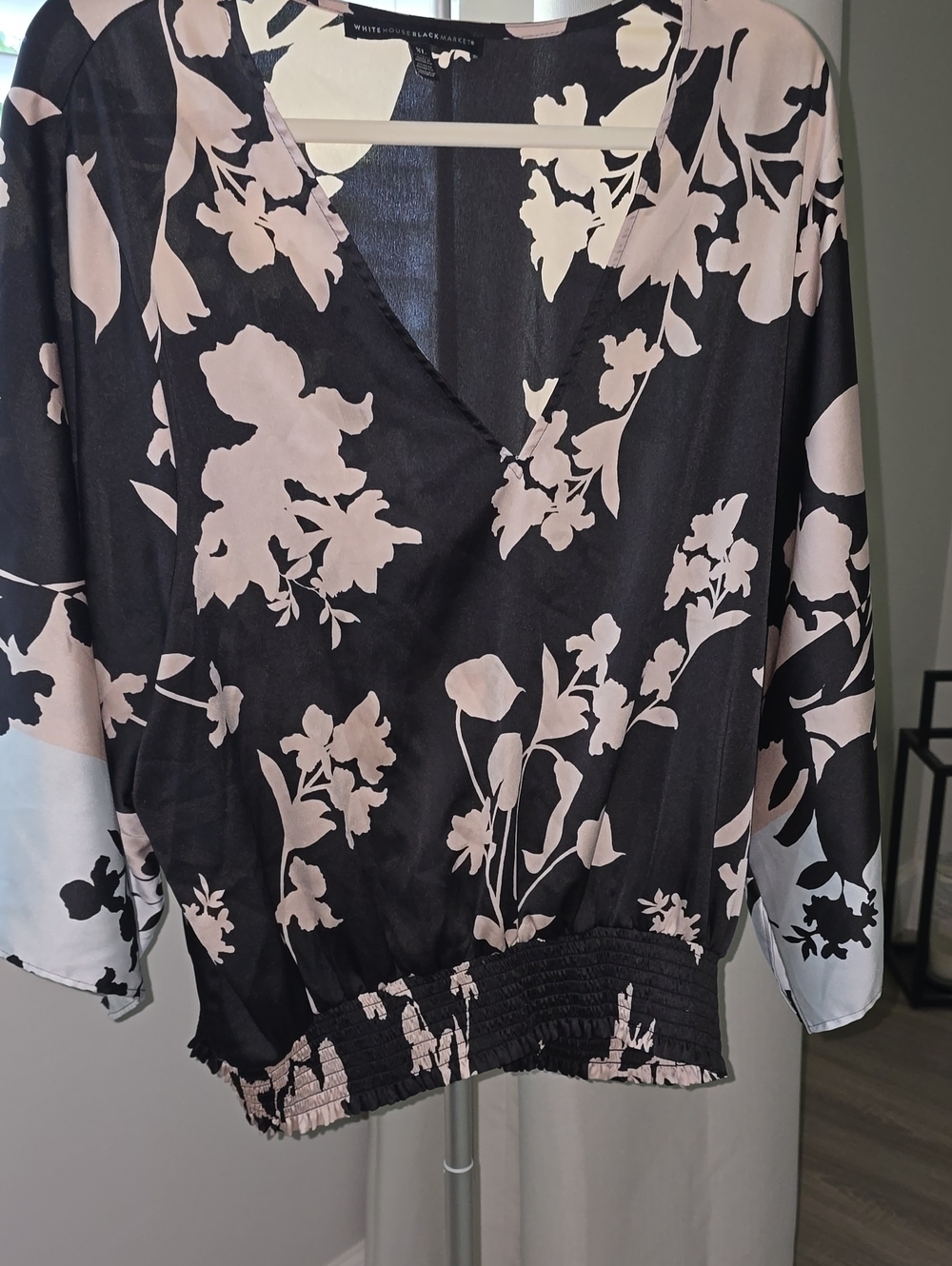 White House Black Market Black and Light Pink Floral V-Neck Blouson